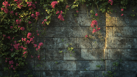 Grunge brick wall with pink bougainvillea flowersの写真素材