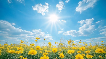 Sunny meadow with yellow flowers and blue sky with white cloudsの写真素材