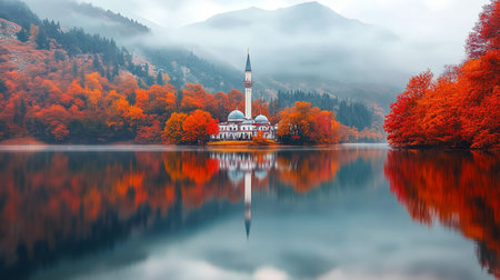 Autumn landscape with a mosque on the shore of a lakeの写真素材