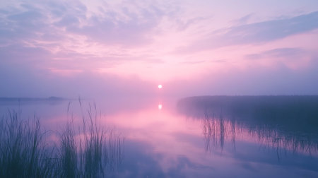 Shore of a foggy lake at sunrise in autumn, Almere, Flevoland, The Netherlandsの写真素材