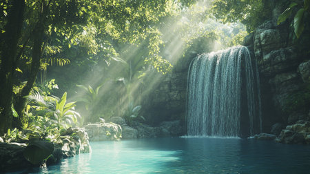 Waterfall in tropical forest with sunlight shining through the trees and plantsの写真素材