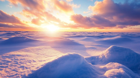 Beautiful winter landscape. Sunrise over the snow-covered field.の写真素材