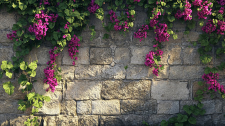 Bougainvillea flowers growing on a stone wall with sunlightの写真素材