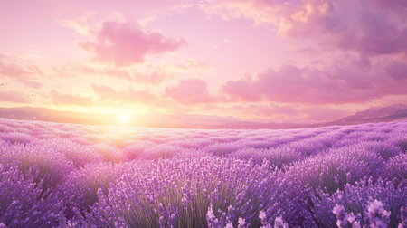 Lavender field at sunset. Beautiful summer landscape with lavender flowers.の写真素材