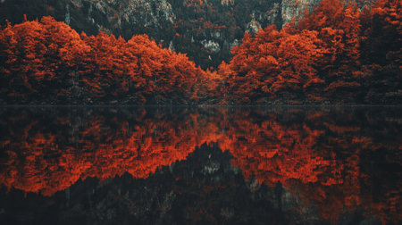 Autumn forest reflected in a lake. Colorful autumn landscape.の写真素材