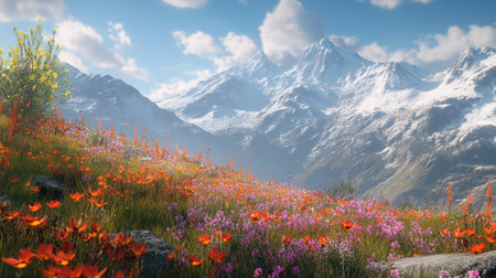 Mountain landscape with flowers. Panoramic view of the mountains.の写真素材