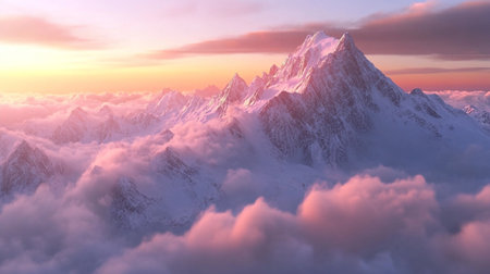 Mountains in the clouds at sunset. Panoramic view.の写真素材