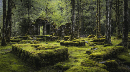 Old stone hut in the middle of a green forest with moss in the foregroundの写真素材