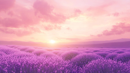 Lavender field at sunset. 3d render of lavender fieldの写真素材