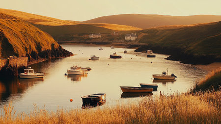 Small fishing boats moored in a small bay on the Jurassic Coast in Dorsetの写真素材