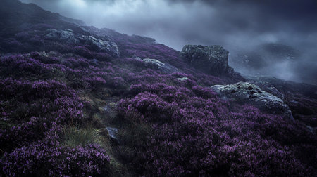 Landscape with purple heather flowers in the mountains in the fogの写真素材