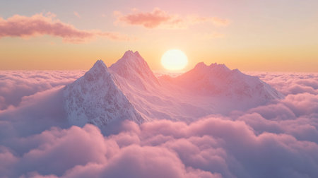 3D illustration of a beautiful sunset above the clouds with a mountain peakの写真素材