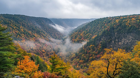 Autumn landscape with foggy forest in the mountains. Colorful forest in autumn.の写真素材