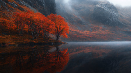 Autumn landscape with mountain lake and trees in fog, Scotland, UKの写真素材