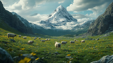 Sheep on the meadow with dandelions and snow mountainの写真素材