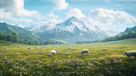 Sheep grazing in the meadow with dandelions and mountains in the backgroundの写真素材