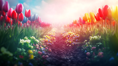 Colorful tulip field in spring. Nature background. Spring flowersの写真素材