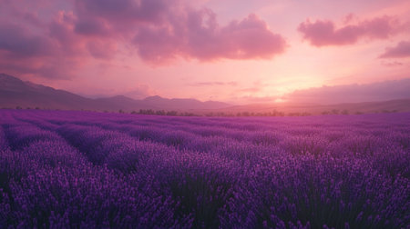 Lavender field at sunset. Summer landscape. 3d renderの写真素材