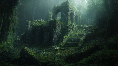 Mysterious ruins of an ancient castle in the misty forestの写真素材