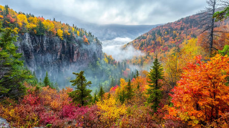 Foggy autumn morning in the mountains. Colorful forest and foggy valley.の写真素材