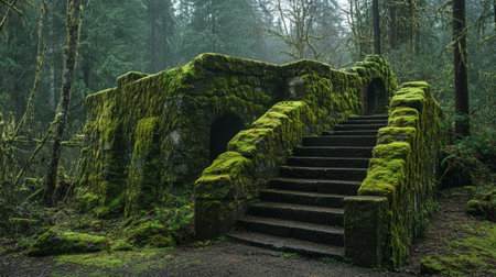 Old stone stairs in the rain forest with moss and fernsの素材