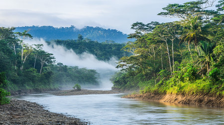 Foggy river in the rainforest of the Costa Rica.の写真素材
