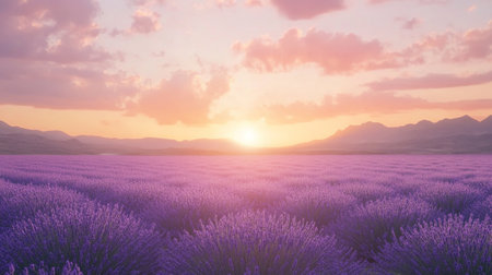 Lavender field at sunset with mountains in the background. 3d renderingの素材