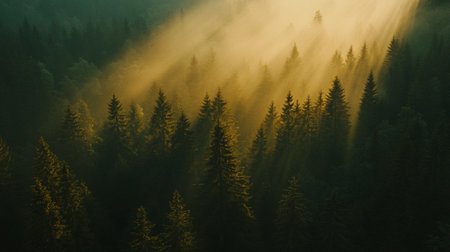 Aerial view of foggy morning in the coniferous forestの写真素材