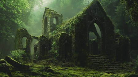 ruins of an old abandoned church in a mysterious green forest.の写真素材