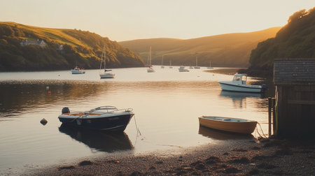 Fishing boats on the lake at sunset in the English Lake Districtの写真素材
