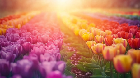 Colorful tulip flowers blooming in the garden with sunlight backgroundの写真素材