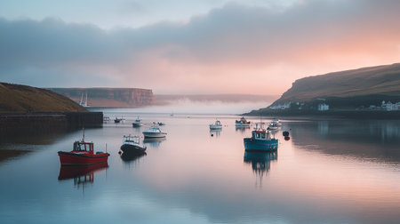 Fishing boats in the bay at sunrise, Faroe Islands, Denmarkの写真素材