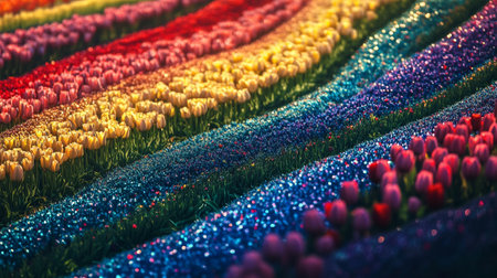 Colorful tulip flower field in spring time. Colorful tulip fieldの写真素材