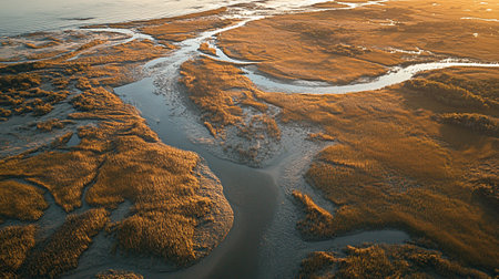 Aerial view of a small river at sunset. Toned.の写真素材