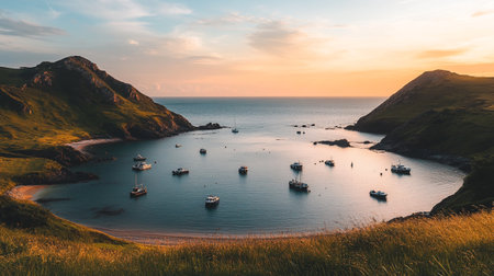 Beautiful seascape with fishing boats at sunset. Panoramaの写真素材