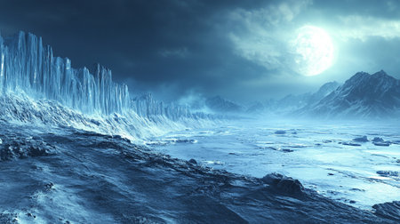 Fantasy alien planet. Mountain and lake. 3D illustration.の写真素材