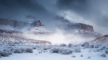 Foggy winter landscape in Capitol Reef National Park, United Statesの写真素材