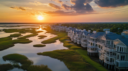 Aerial view of luxury waterfront homes on a lake at sunset.の写真素材