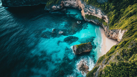 Aerial view of beautiful beach with turquoise water and cliffsの写真素材