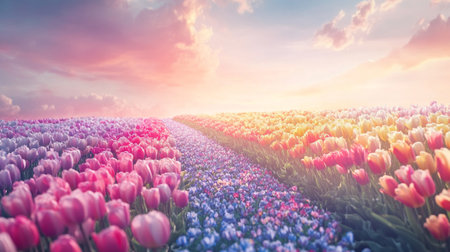 Tulip field at sunset in spring. Colorful spring landscape.の写真素材