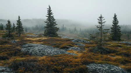 Foggy morning in the mountains. Beautiful autumn landscape in the mountains.の写真素材