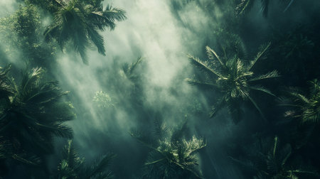 Tropical rainforest with palm trees and fog. Nature backgroundの写真素材