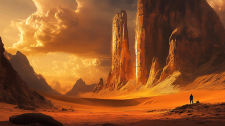 Fantasy landscape with a man standing on a rock in the desertの写真素材