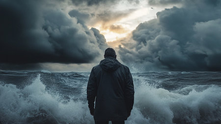 A man standing on the beach looking at the stormy sea.の写真素材