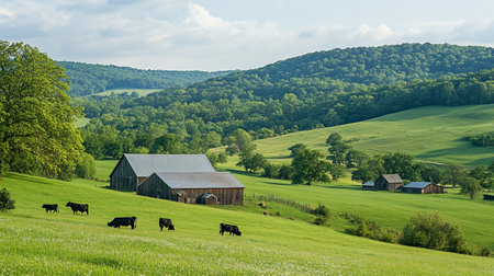 Cows grazing in the meadow with old wooden barn in backgroundの写真素材