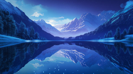 Mountain lake at night with reflection in water.の素材
