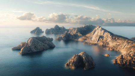 3d render of a rocky island in the sea at sunset.の写真素材