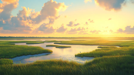 Beautiful landscape of meadow at sunset. 3d rendering.の素材