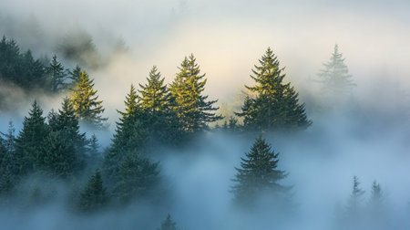 Foggy morning in the Carpathian mountains, Ukraine.の素材