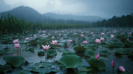 The beauty of the lotus flower in the pond with rain.の写真素材
